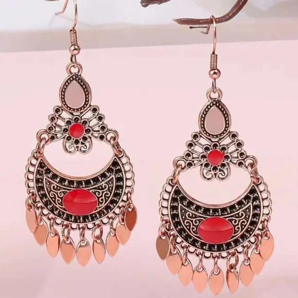 New Bohemian style Rose Gold and Red dangle Earrings - Picture 2 of 3